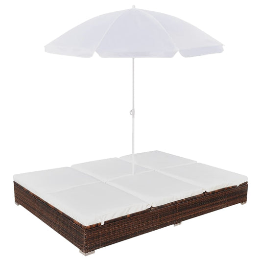 Chaise longue transat double d'extérieur avec parasol Résine tressée Marron