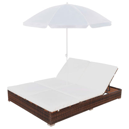 Chaise longue transat double d'extérieur avec parasol Résine tressée Marron