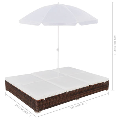 Chaise longue transat double d'extérieur avec parasol Résine tressée Marron