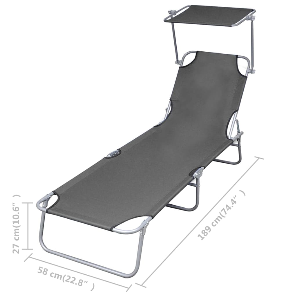 Sedia lunga pieghevole con tenda da sole in acciaio grigio