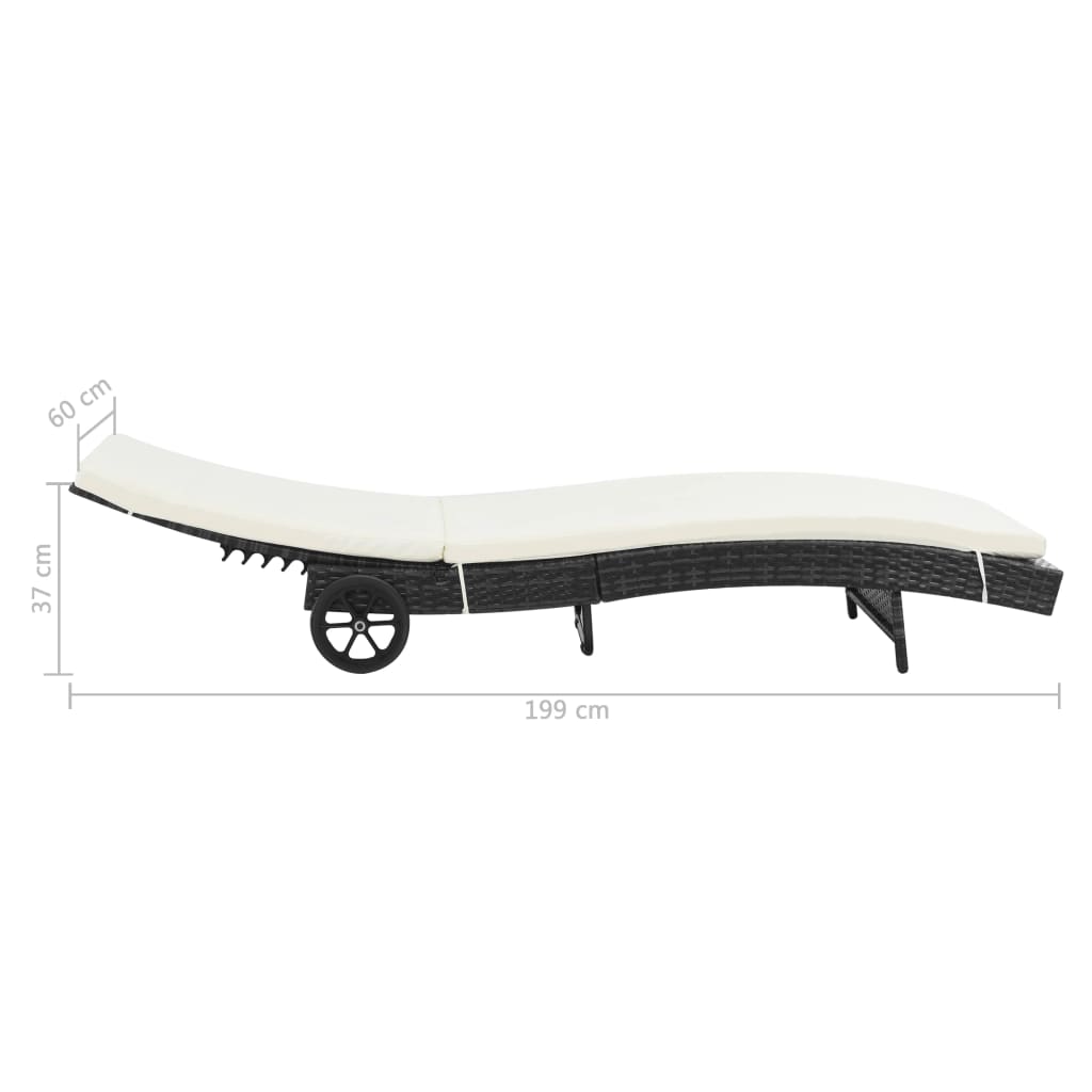 Chaise longue avec roues et coussin Résine tressée Noir