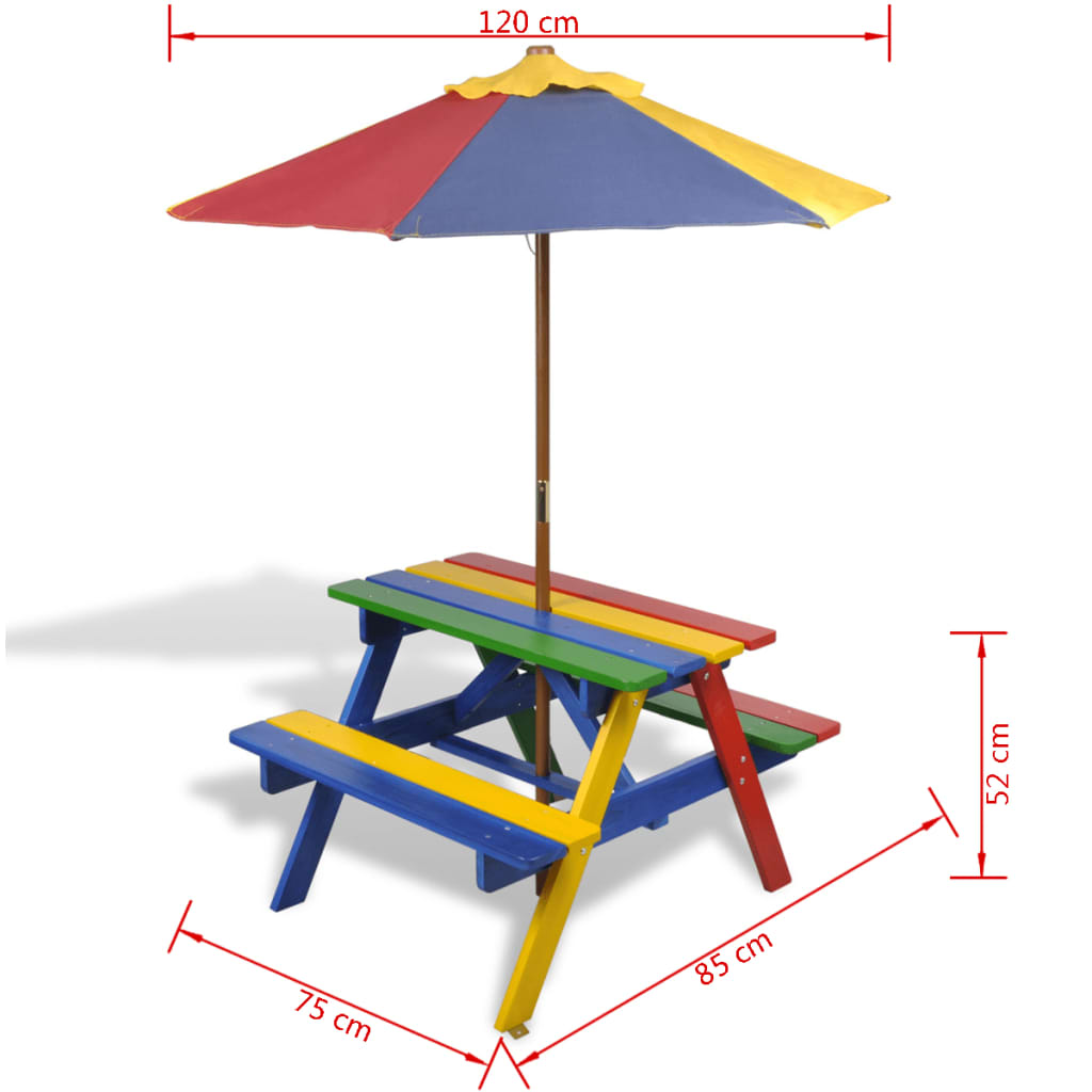 Tavolo da picnic e panchine con parasole per bambini in legno