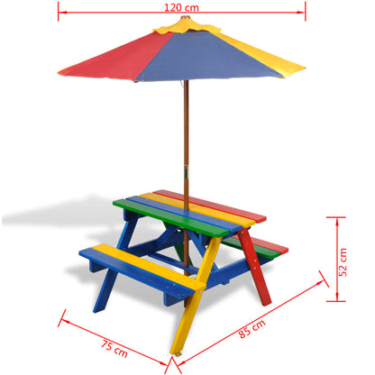 Tavolo da picnic e panchine con parasole per bambini in legno