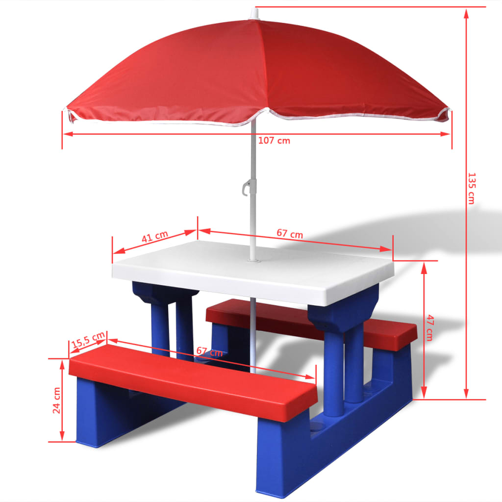 Table et bancs de pique-nique avec parasol pour enfants