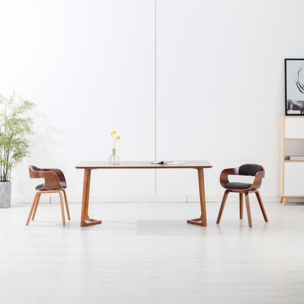 Dark gray dining chair fabric and curved wood