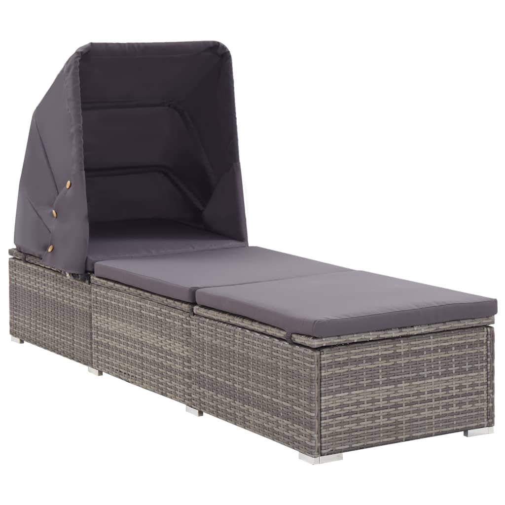 Chaise longue avec auvent et coussin Résine tressée Gris