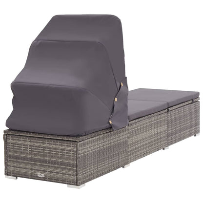 Chaise longue avec auvent et coussin Résine tressée Gris