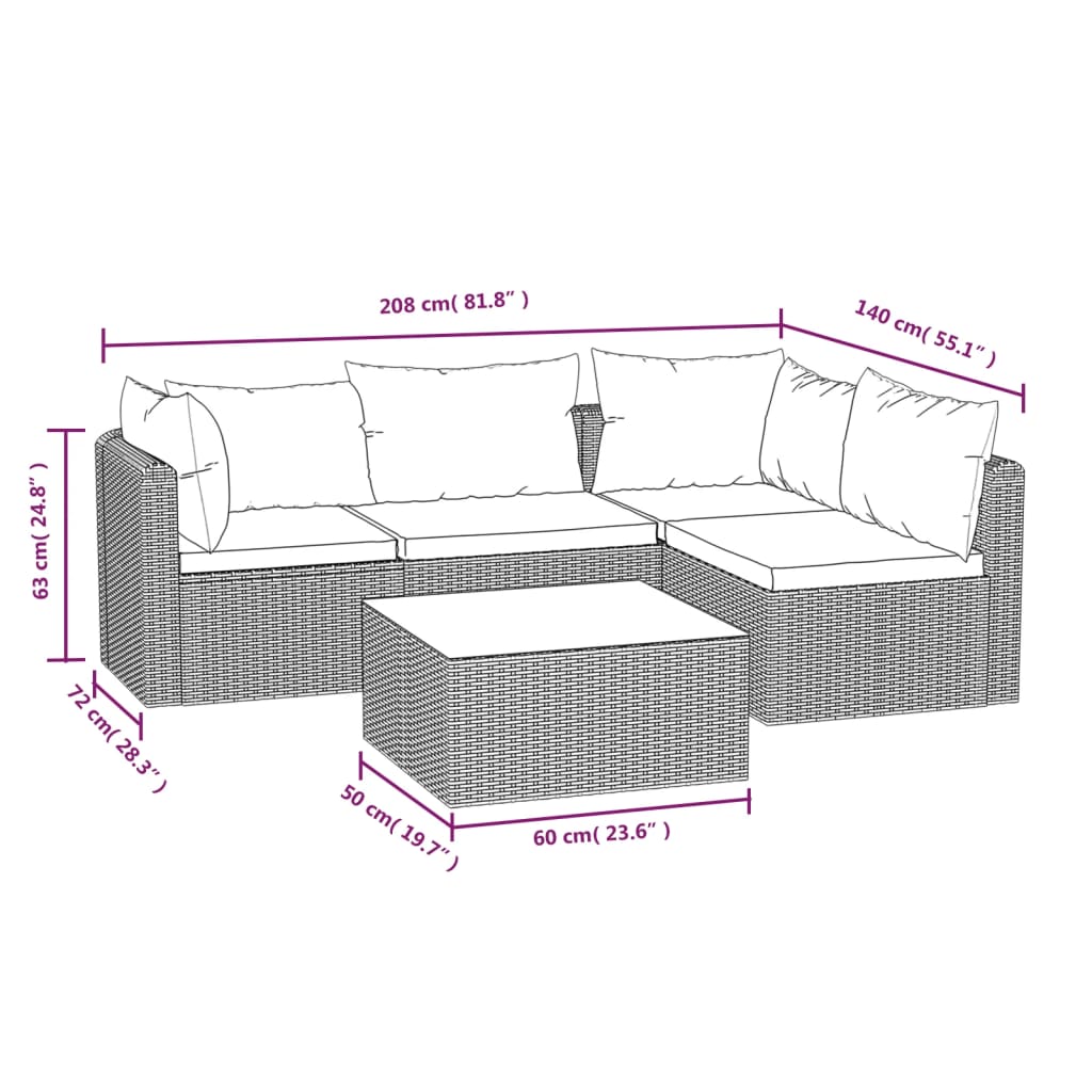 Muebles de jardín de 5 PC con cojines de resina trenzado negro