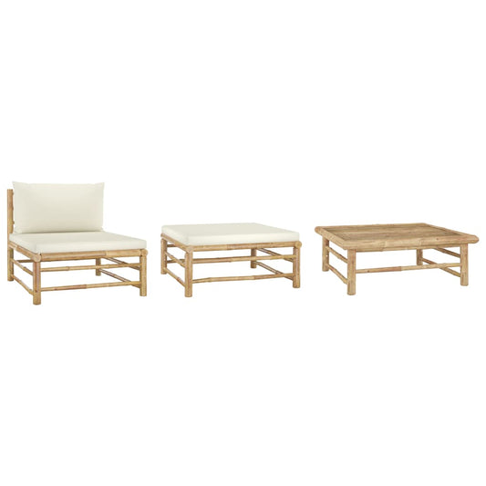 Salon de jardin 3 pcs avec coussins blanc crème Bambou