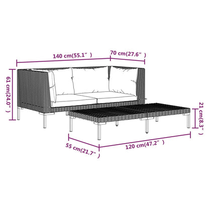 3 pcs muebles de jardín gris oscuro resina trenzada a media ronda