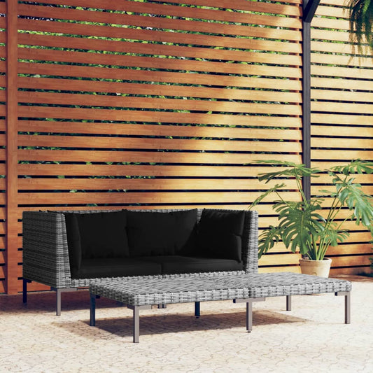 3 pcs muebles de jardín gris oscuro resina trenzada a media ronda