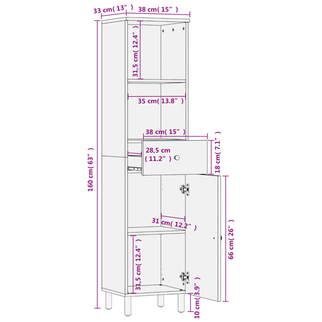 Schwarzer Badezimmerschrank 38x33x160 cm Massivholz Mango