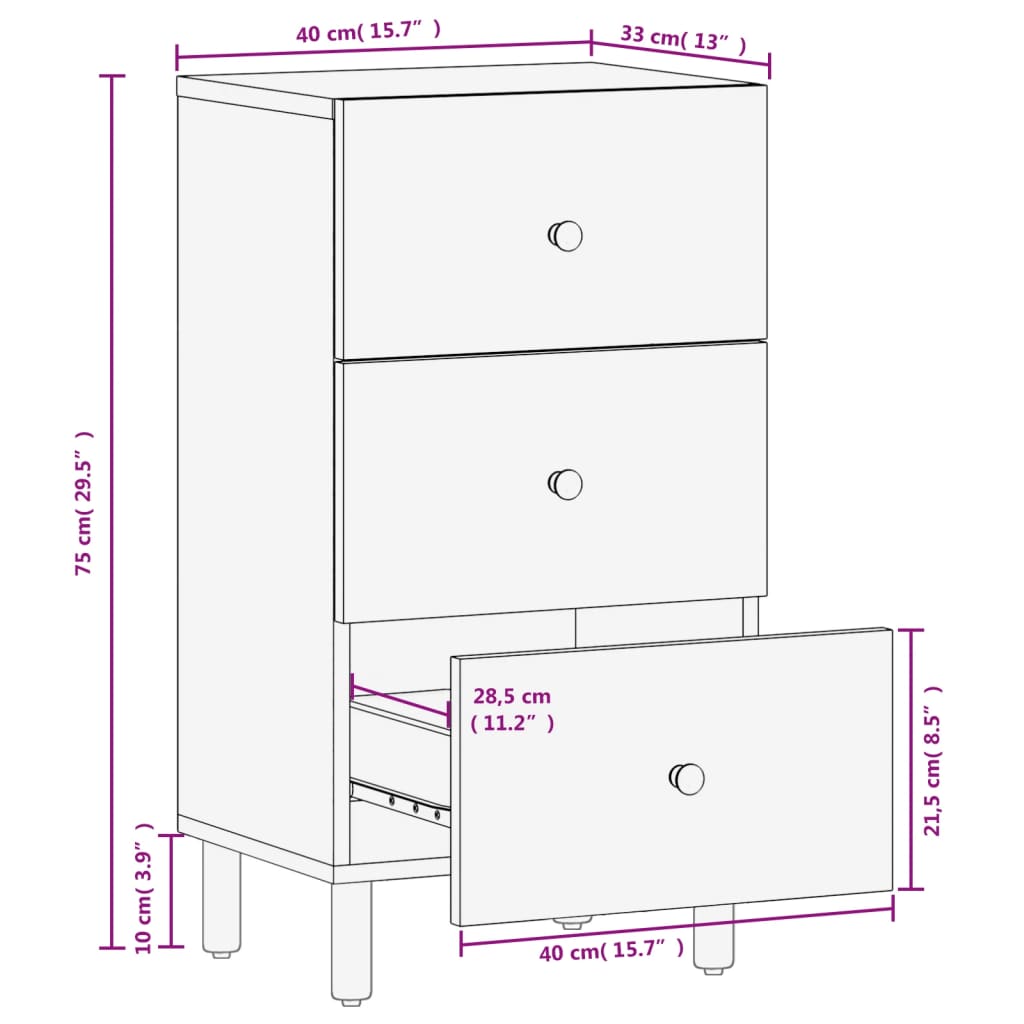 Schwarzer Seitenschrank 40x33x75 cm Festes Mangoholz