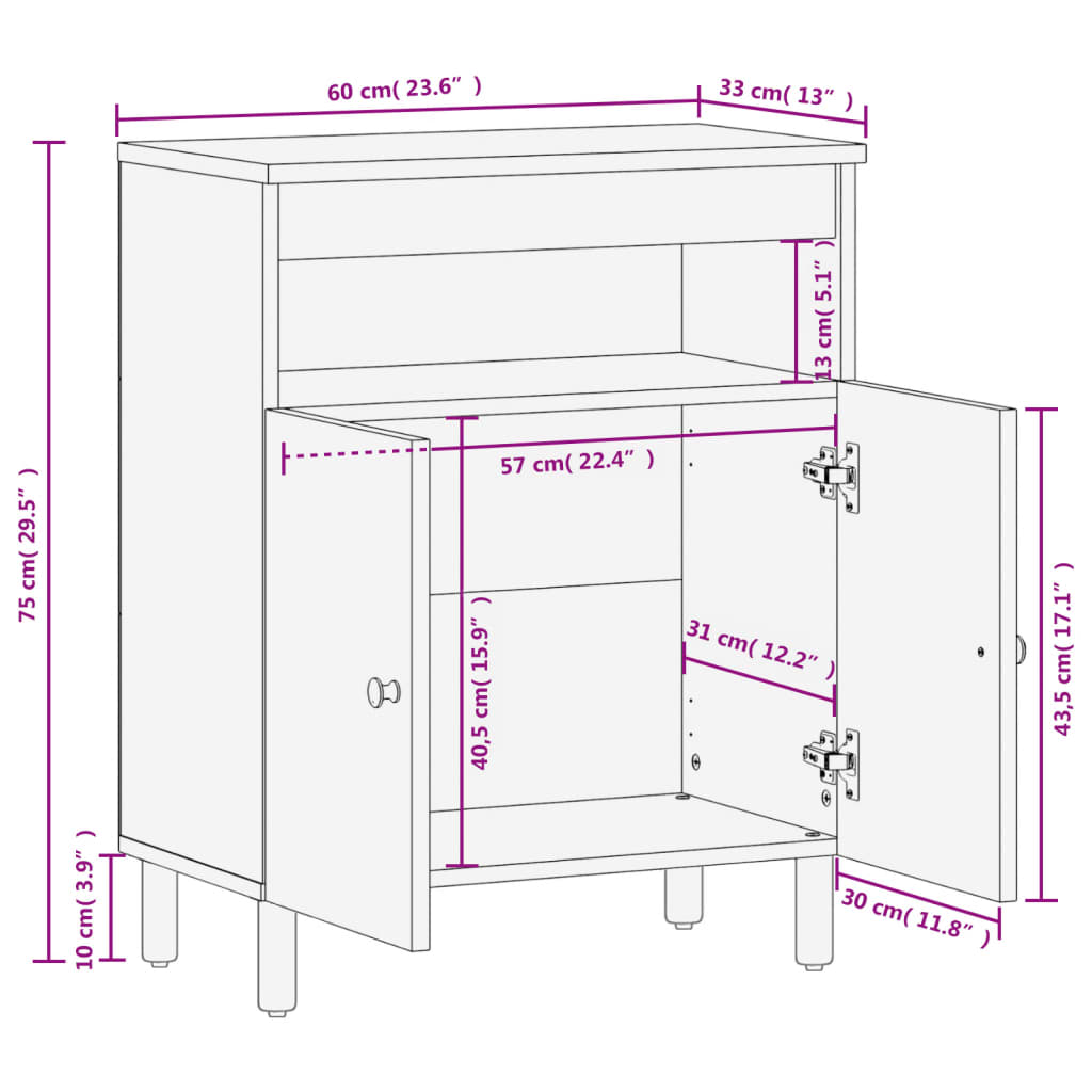 Schwarzer Seitenschrank 60x33x75 cm Festes Mangoholz