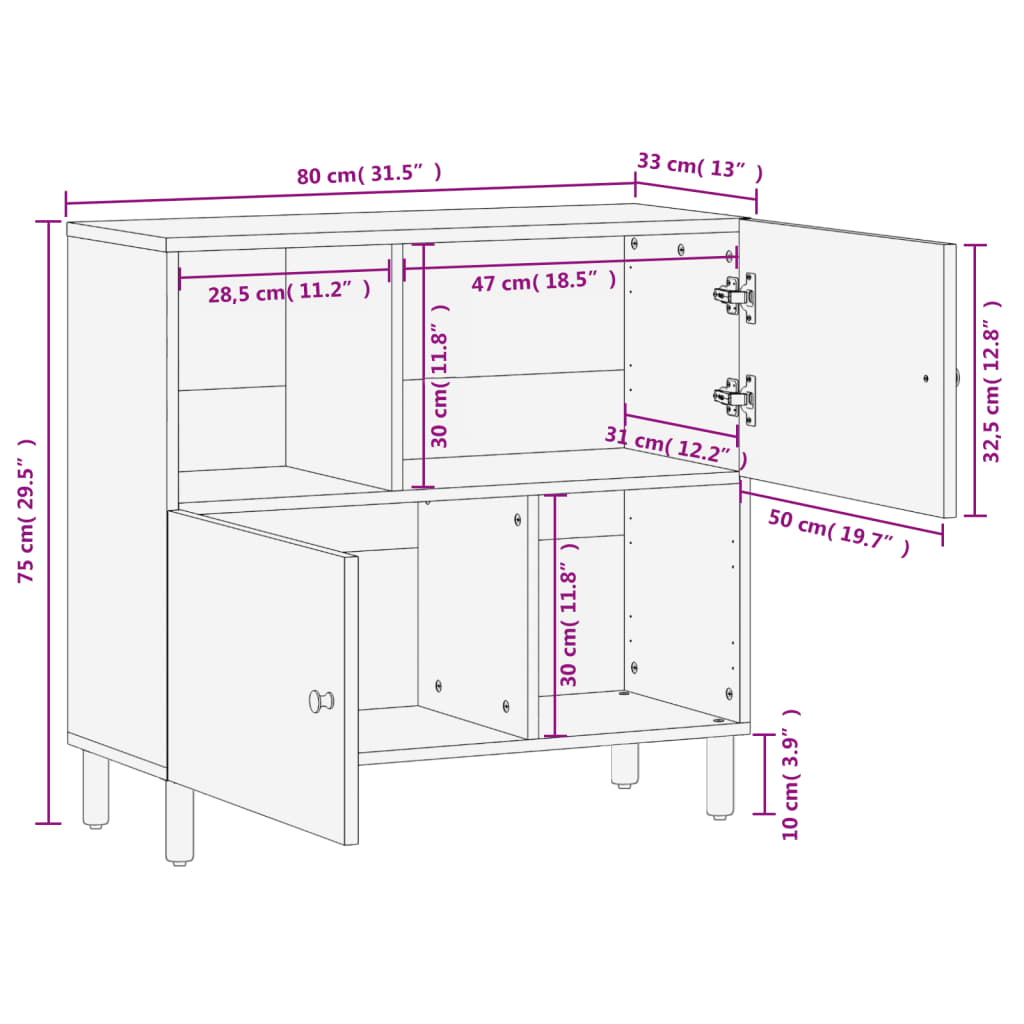 Schwarzer Seitenschrank 80x33x75 cm Festes Mangoholz