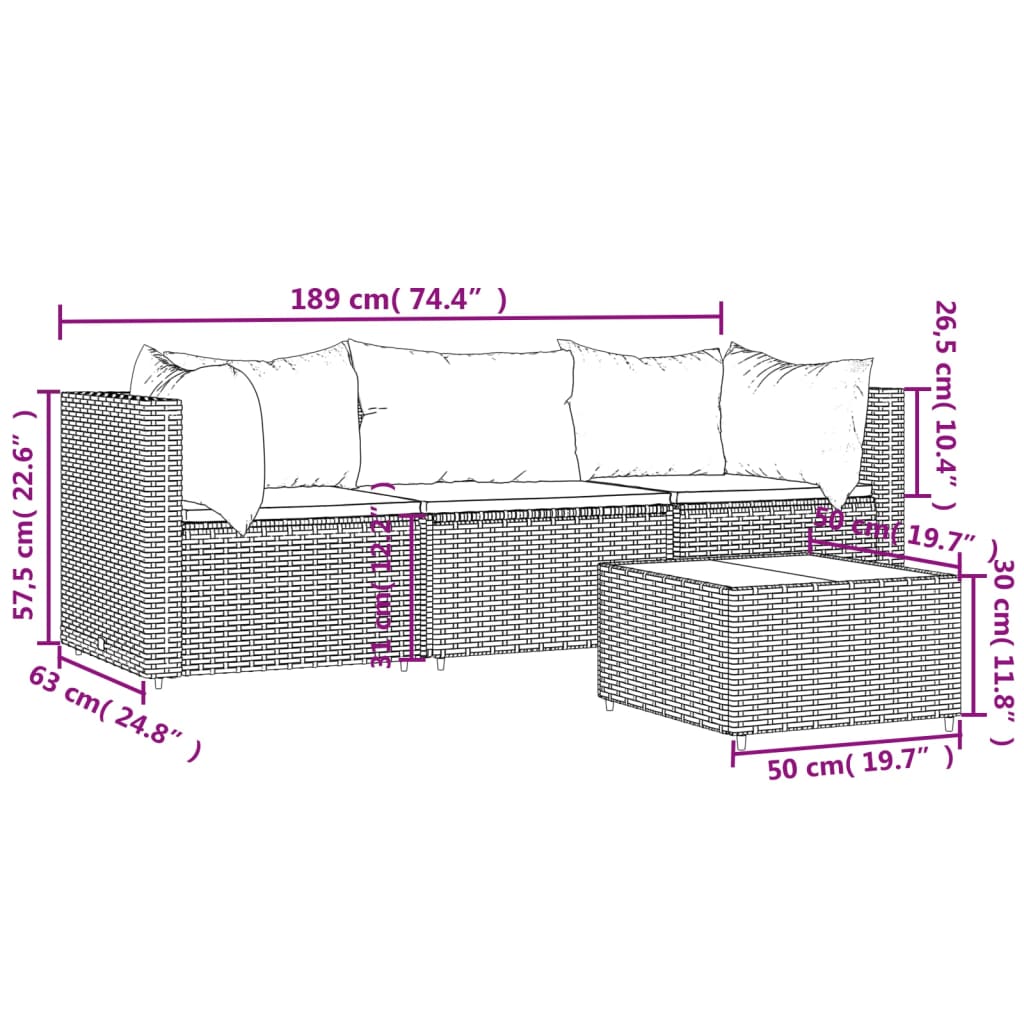 Móveis de jardim de 4 pcs com resina trançada almofadas cinza