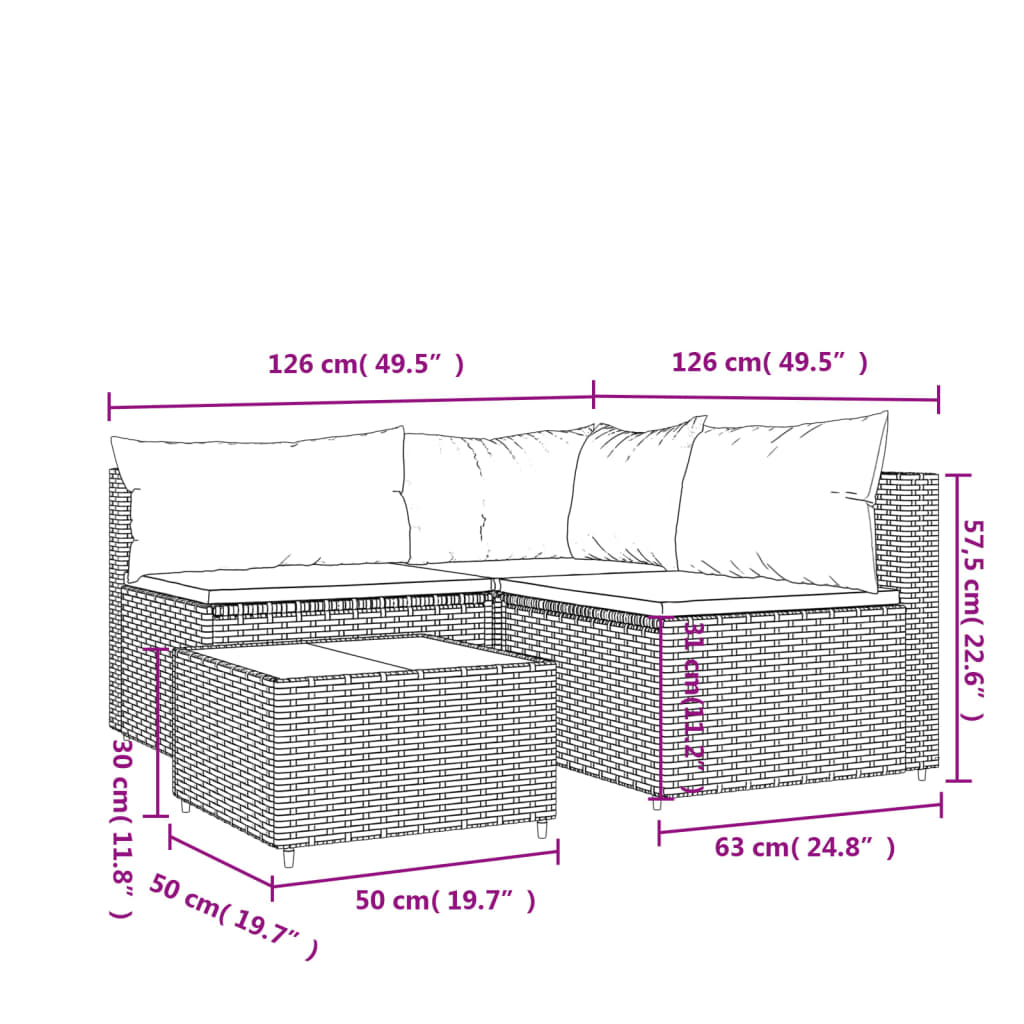 4 pcs garden furniture with braided resin gray cushions