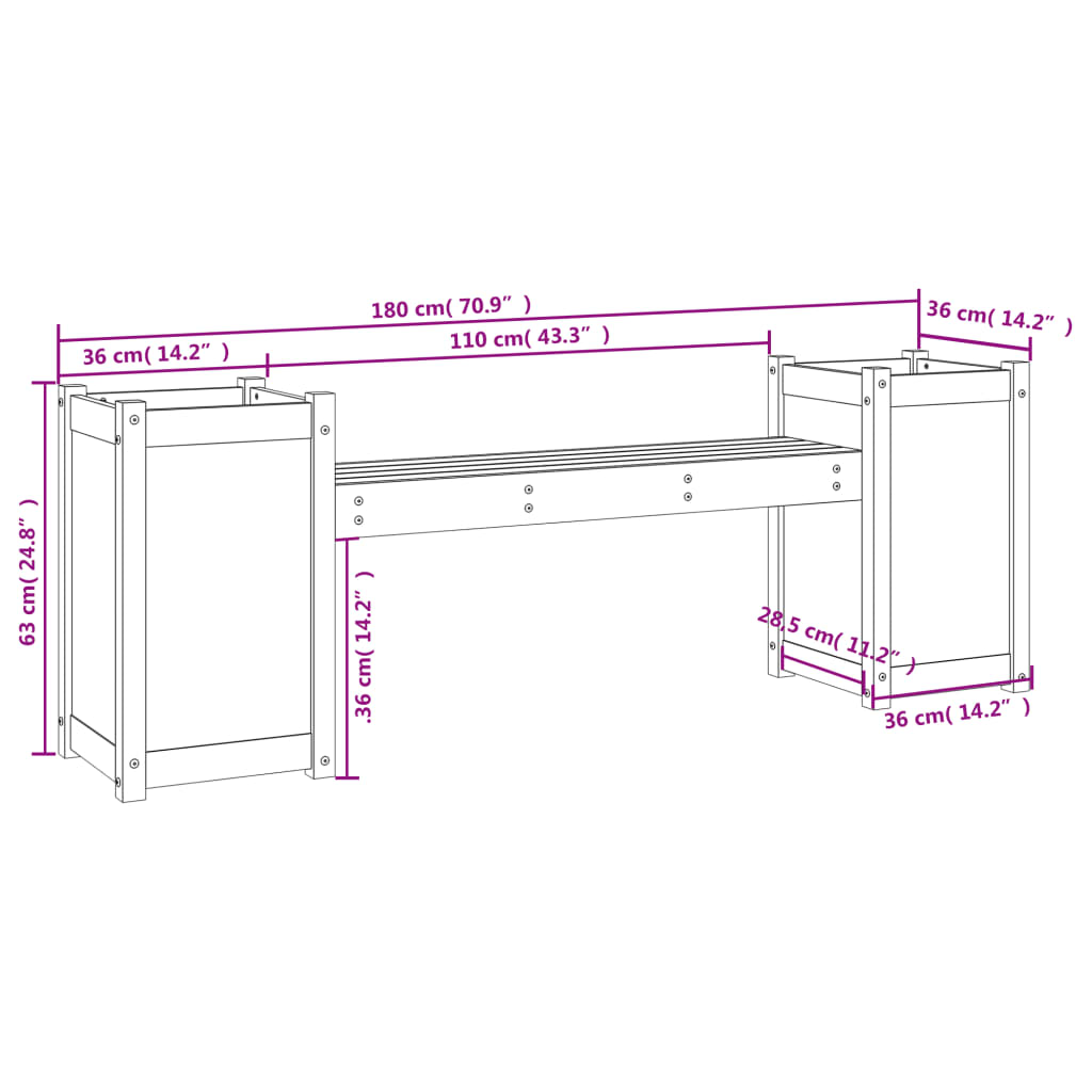 Bench with planters 180x36x63 cm solid pine wood