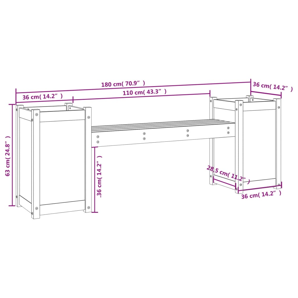 Bench with planters 180x36x63 cm Solid wood of Douglas