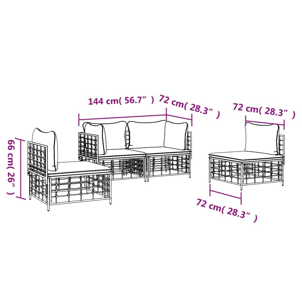 4 PCs Gartenmöbel mit geflochtenen Harz -Anthrazitkissen