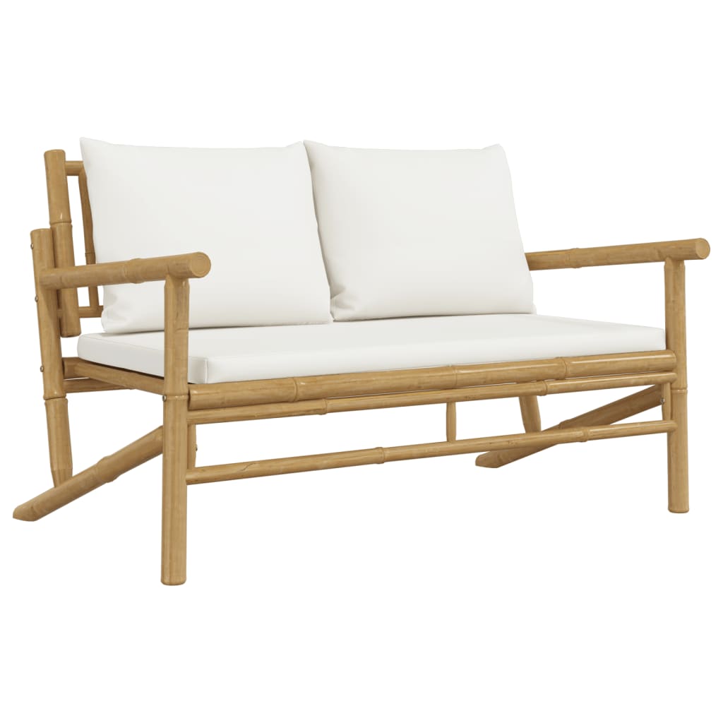 Banc de jardin avec coussins blanc crème bambou