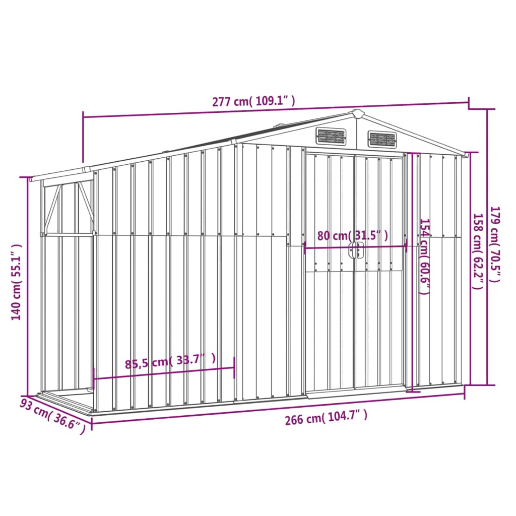 Capannone da giardino antracite 277x93x179 cm in acciaio zincato