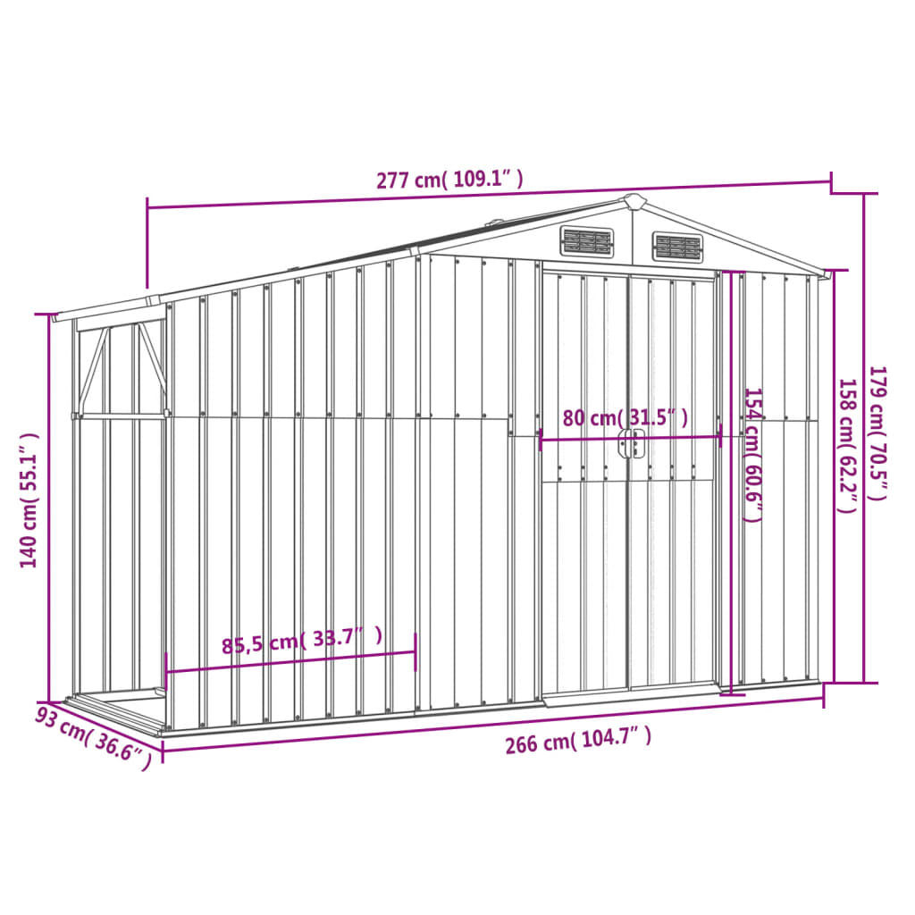 Galpão de jardim marrom 277x93x179 cm aço galvanizado