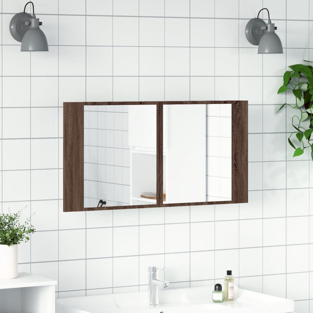 Armoire à miroir à LED de bain chêne marron 90x12x45 cm