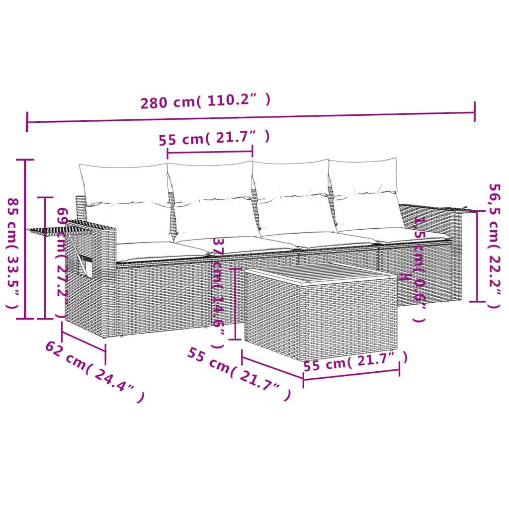 5 pcs garden furniture with black braided resin cushions