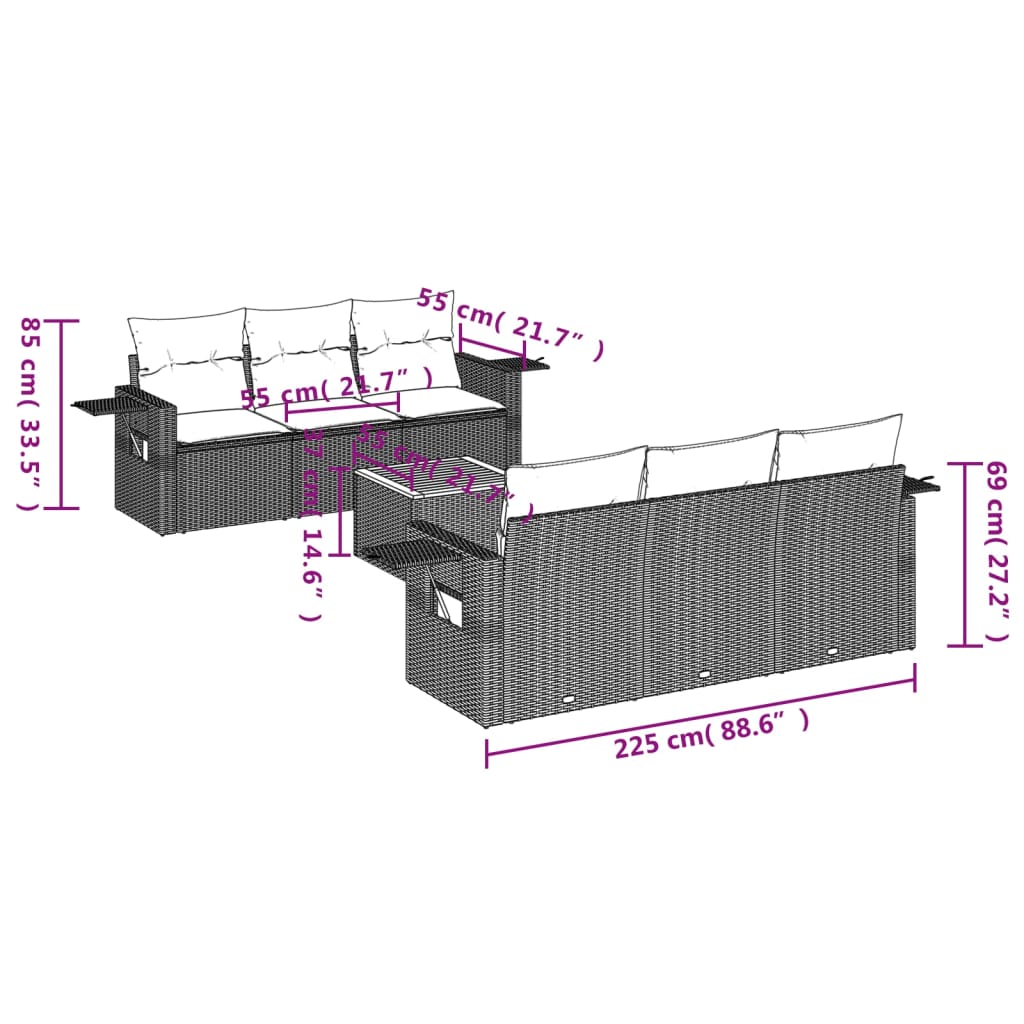 Muebles de jardín 7 PC con cojines de resina trenzada negra