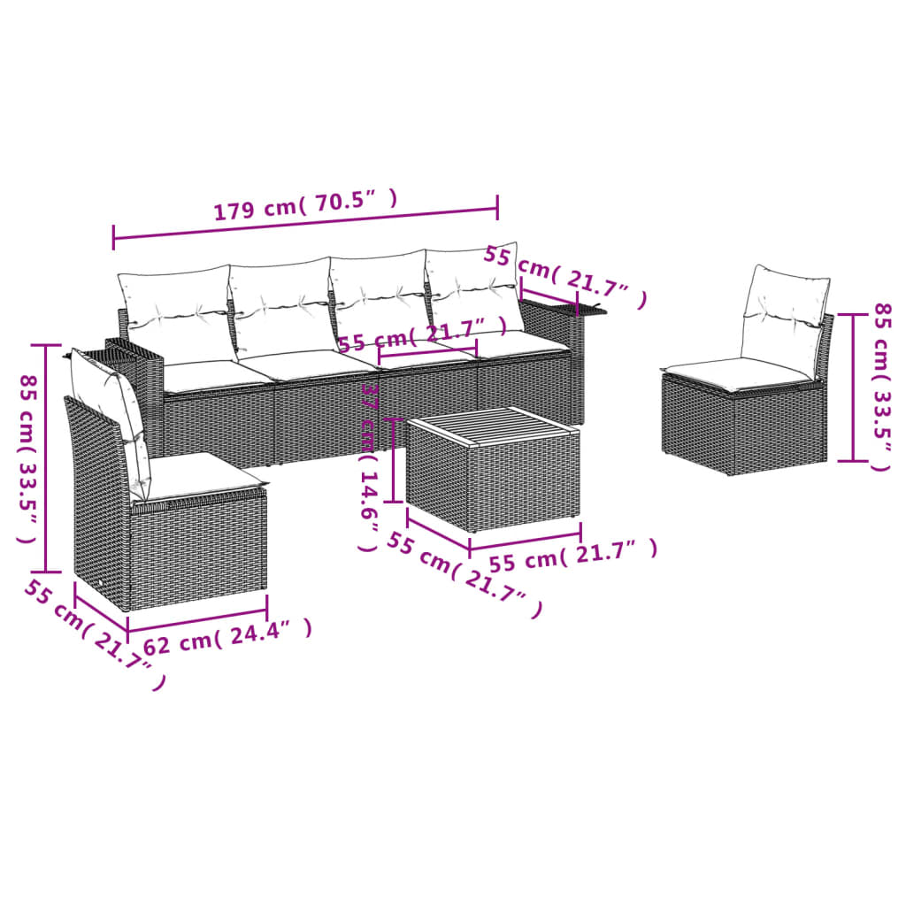 Muebles de jardín 7 PC con cojines de resina trenzada negra