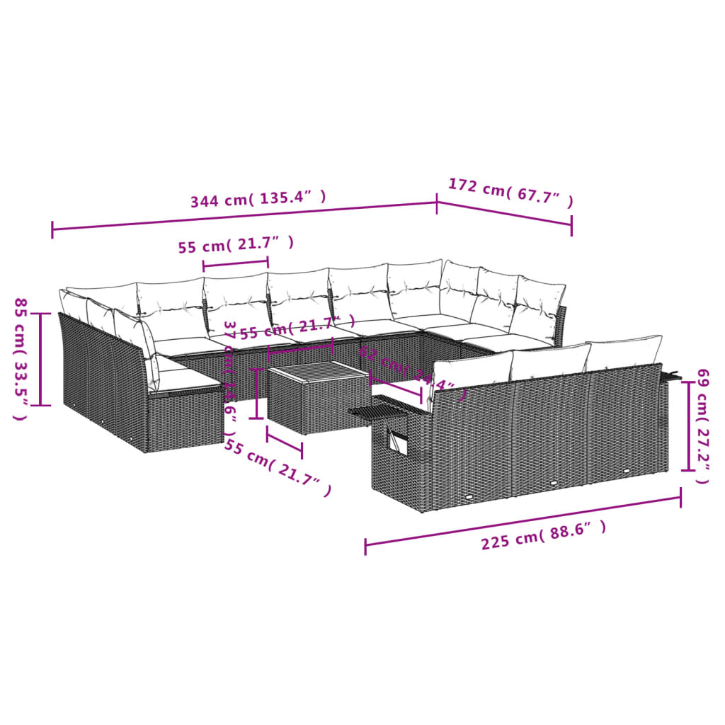 Muebles de jardín con cojines 14 PC resina trenzada negra