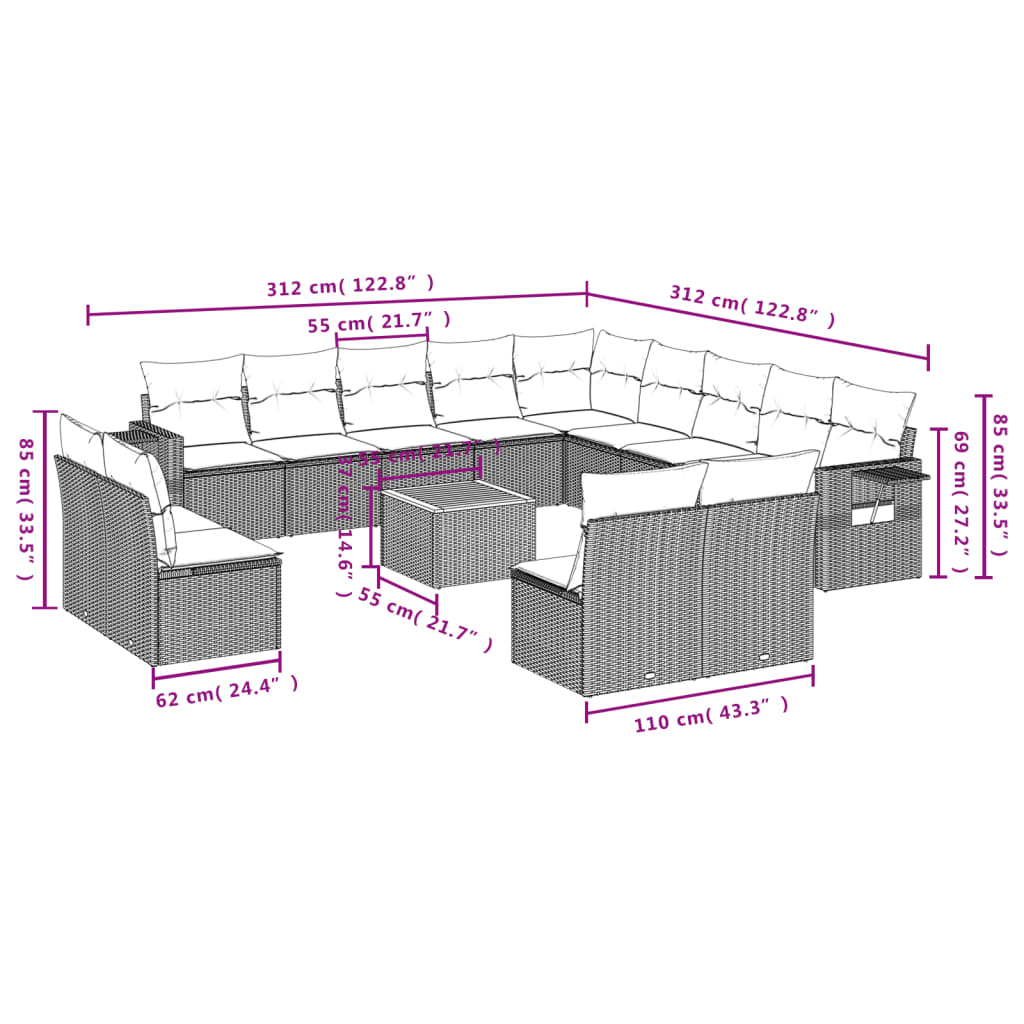 Muebles de jardín con cojines 14 PC resina trenzada negra