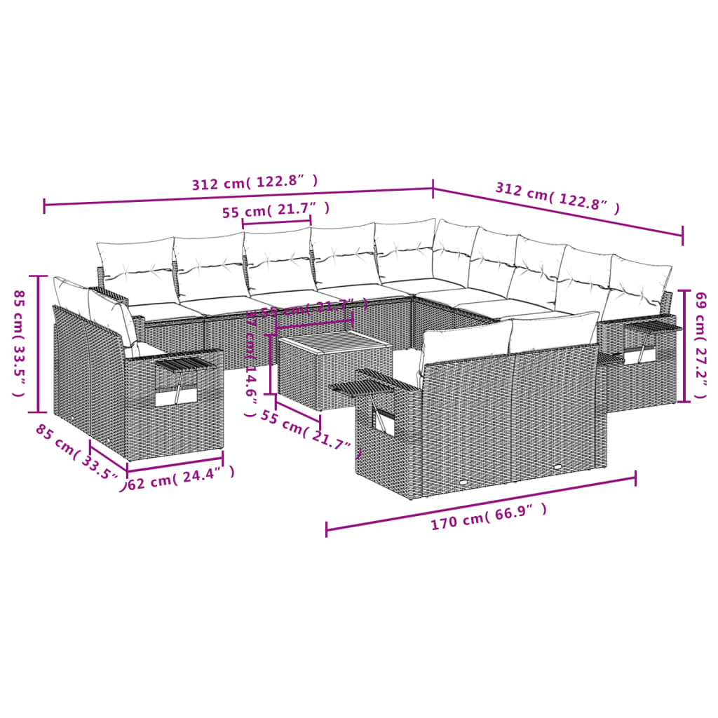 Muebles de jardín con cojines 14 PC resina trenzada negra