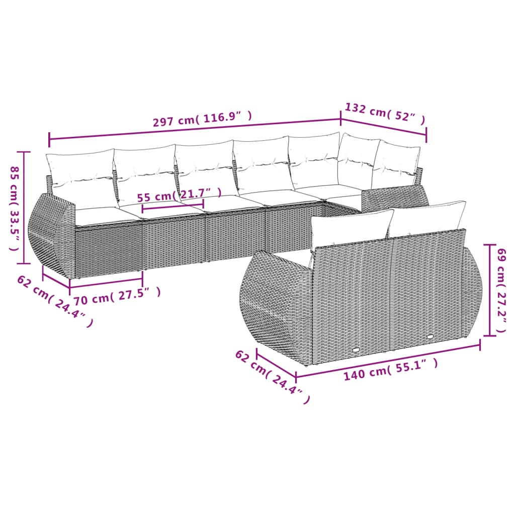 8 PCS Muebles de jardín con cojines de resina trenzado negro