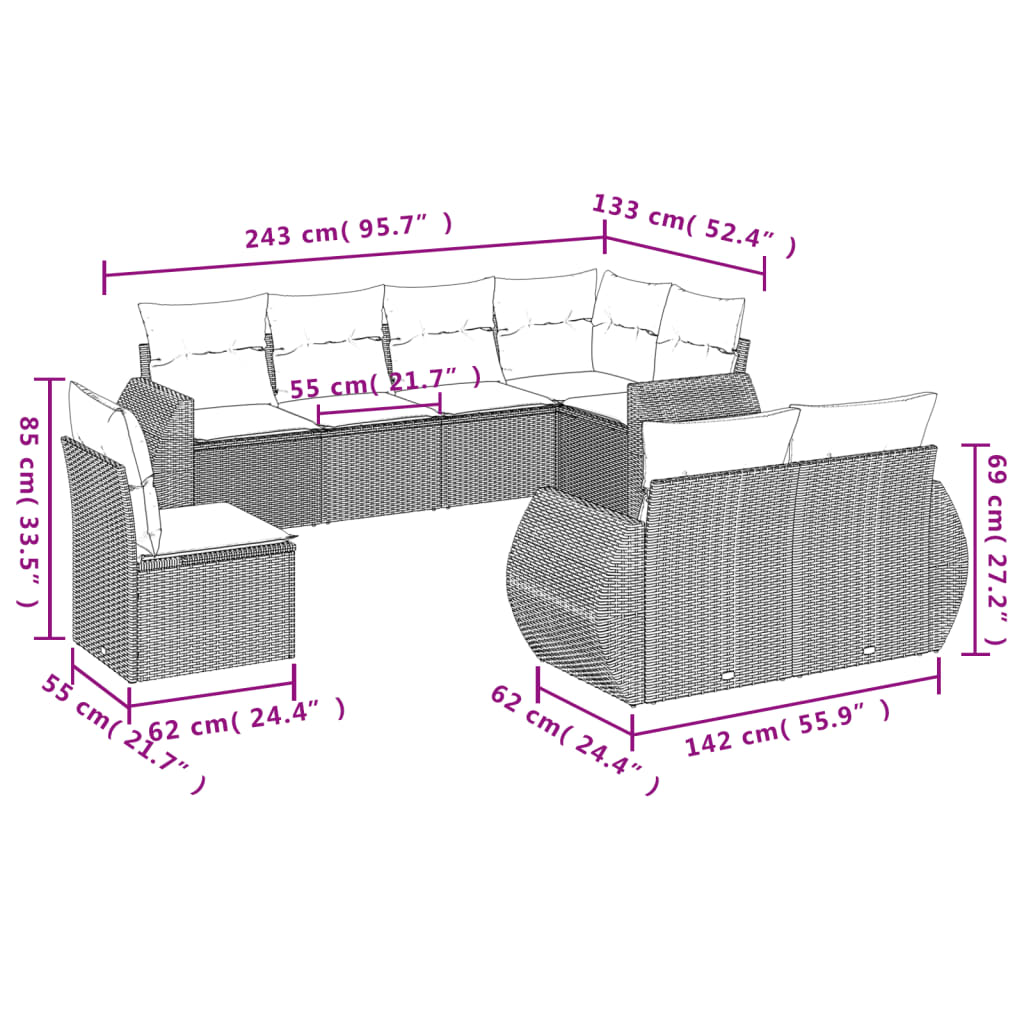 8 PCS Muebles de jardín con cojines de resina trenzado negro