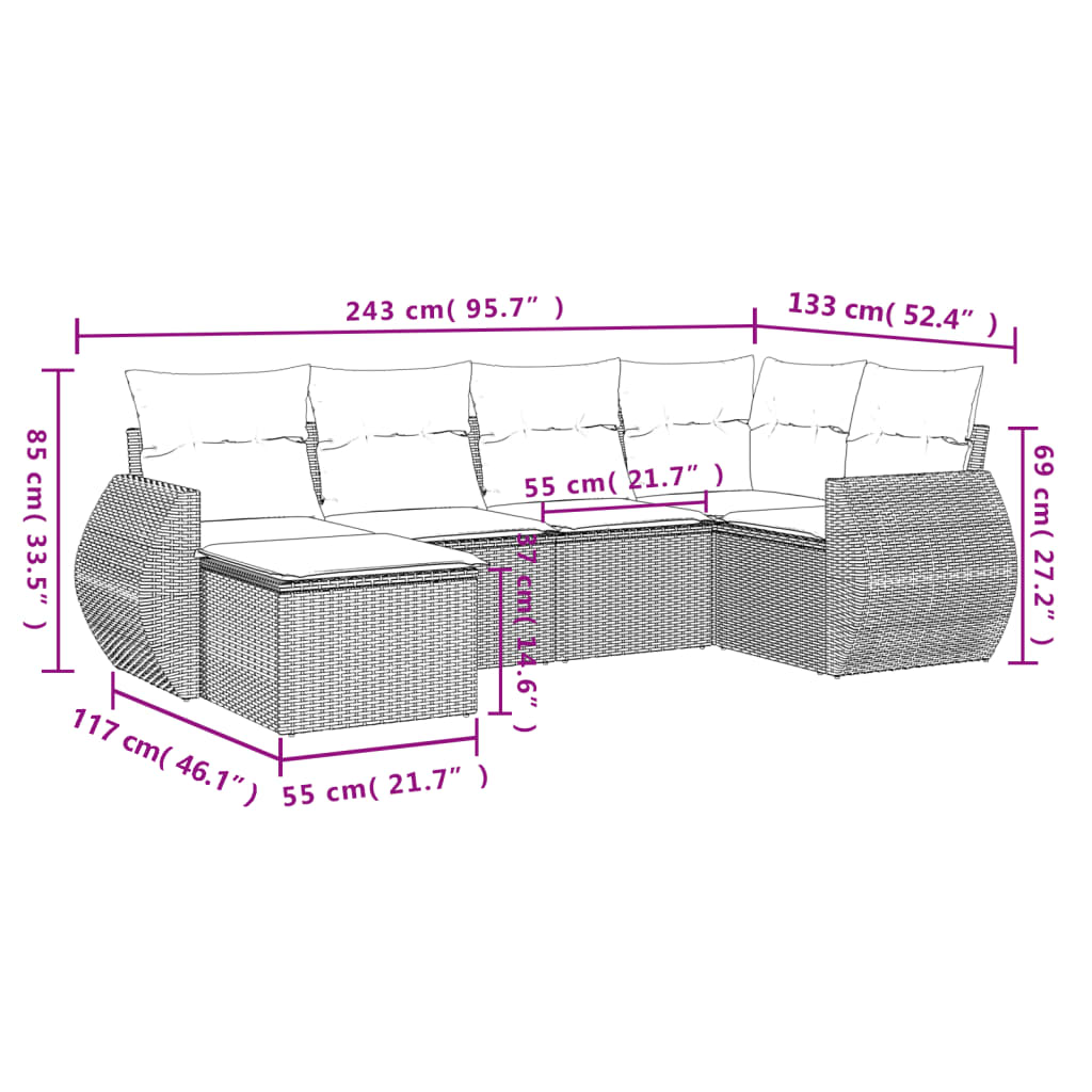 Muebles de jardín de 6 PC con cojines de resina trenzada negra