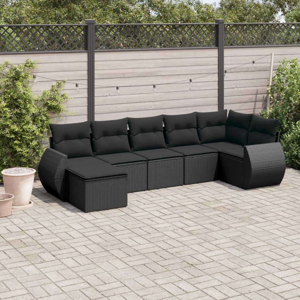 Muebles de jardín 7 PC con cojines de resina trenzada negra