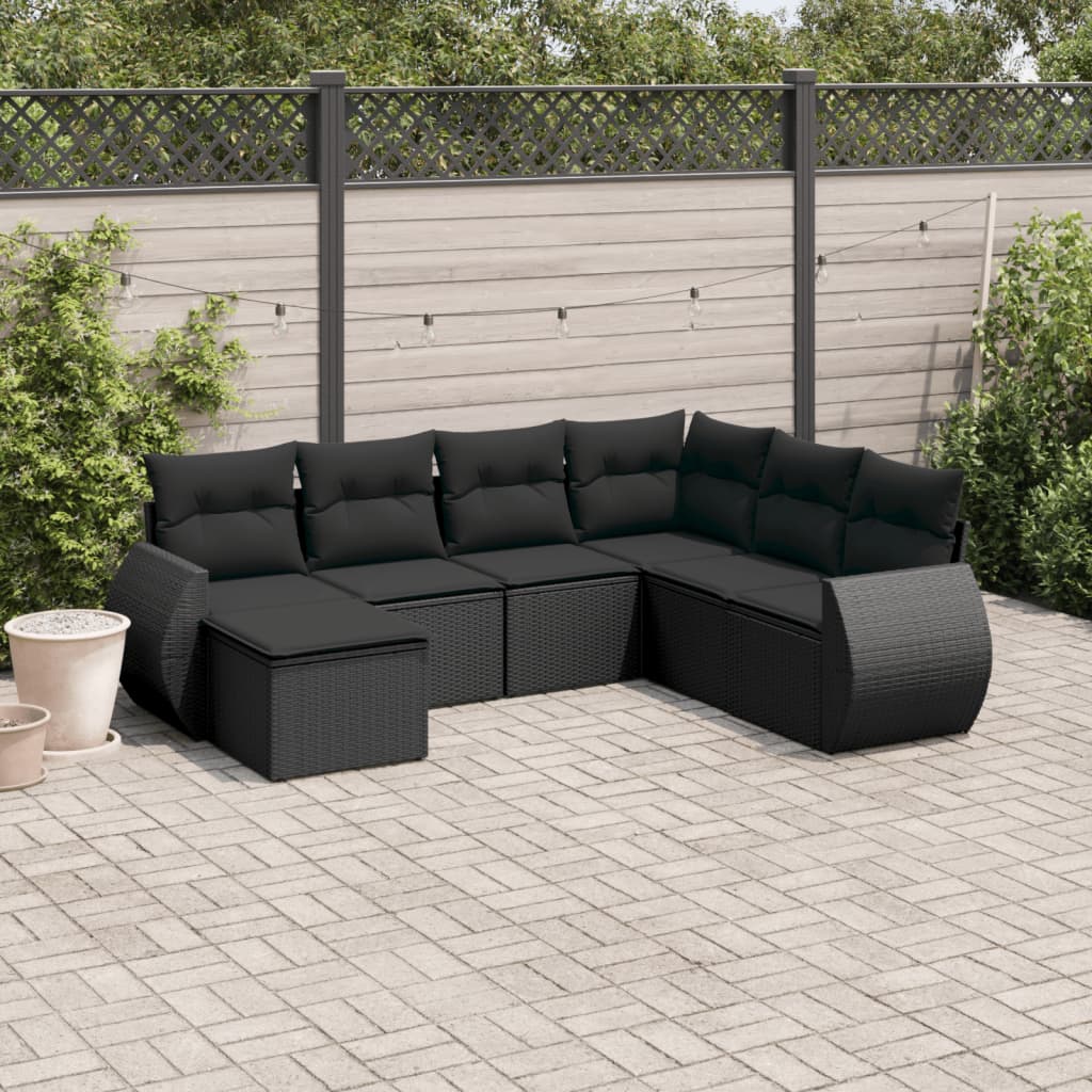 Muebles de jardín 7 PC con cojines de resina trenzada negra