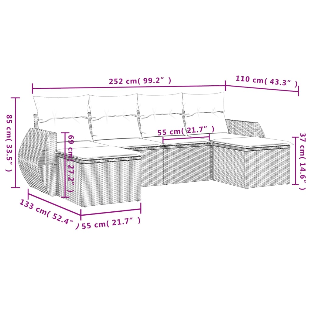 Muebles de jardín de 6 PC con cojines de resina trenzada negra