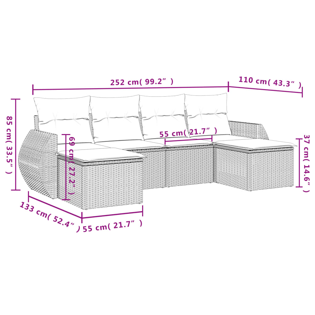 Muebles de jardín de 6 PC con cojines de resina trenzada negra