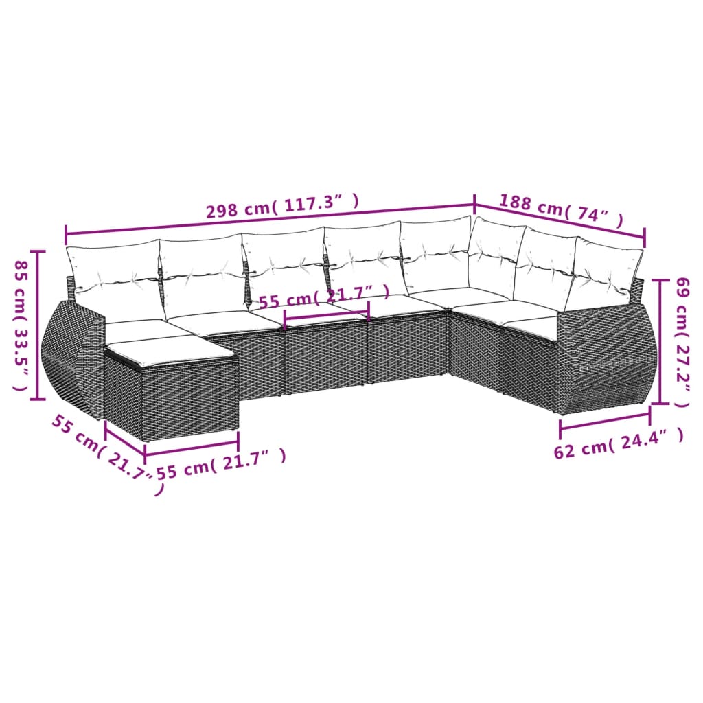 8 PCS Muebles de jardín con cojines de resina trenzado negro