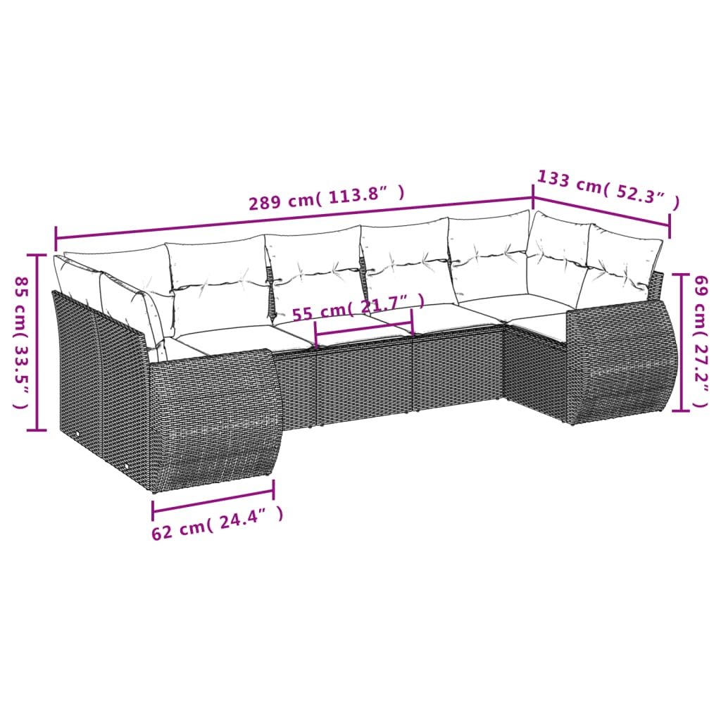 Muebles de jardín 7 PC con cojines de resina trenzada negra