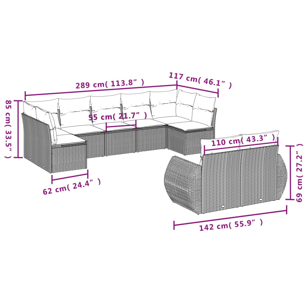 Muebles de jardín de 9 piezas con cojines de resina trenzado negro