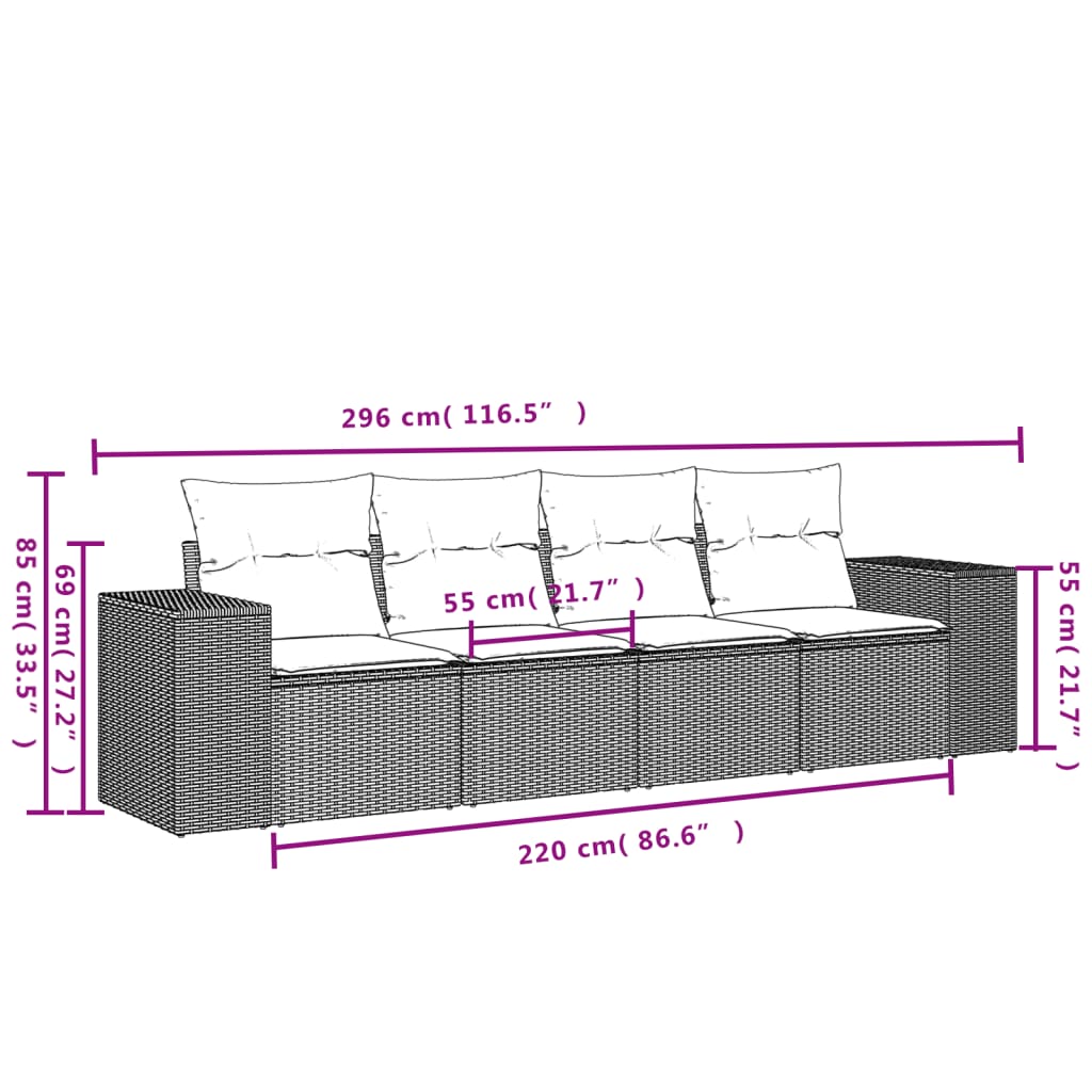 4 PCs Gartenmöbel mit schwarzen geflochtenen Harzkissen