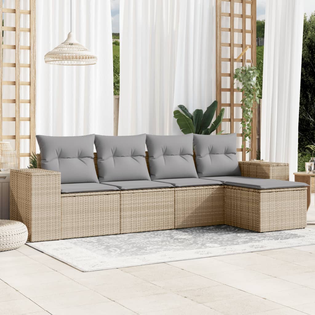 Muebles de jardín con cojines 5 PCS resina trenzada beige