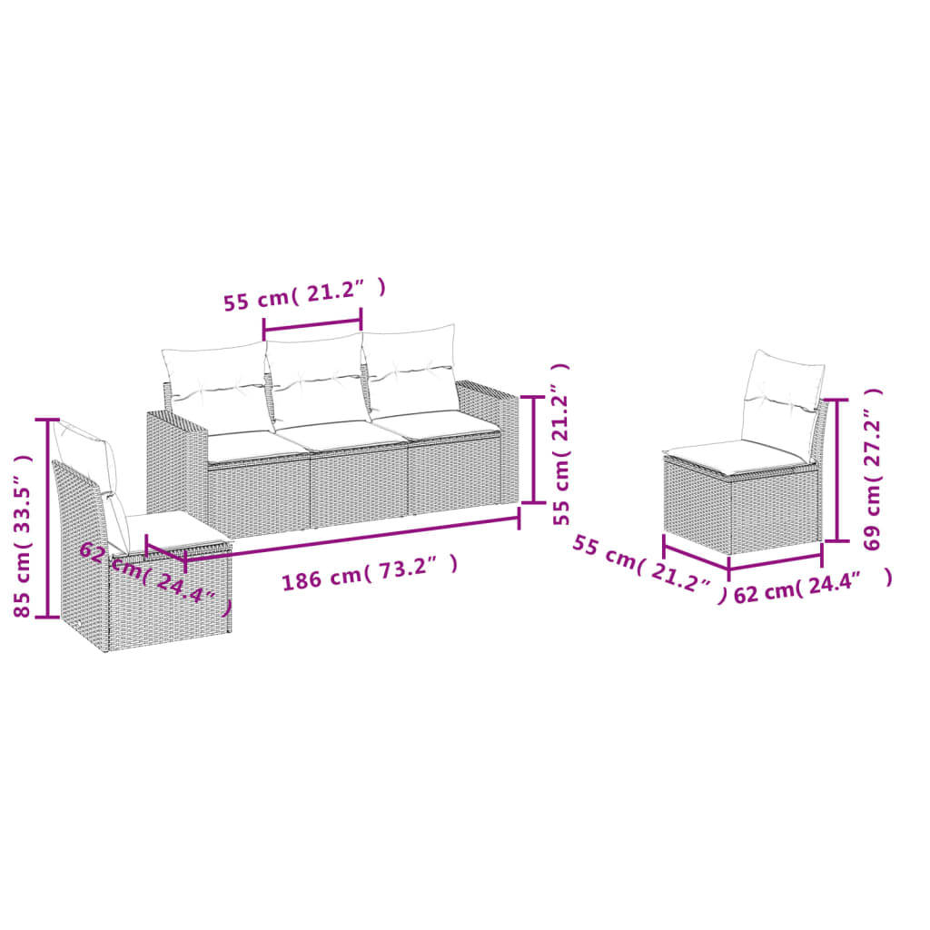 Móveis de jardim com almofadas 5 PCs Resina trançada