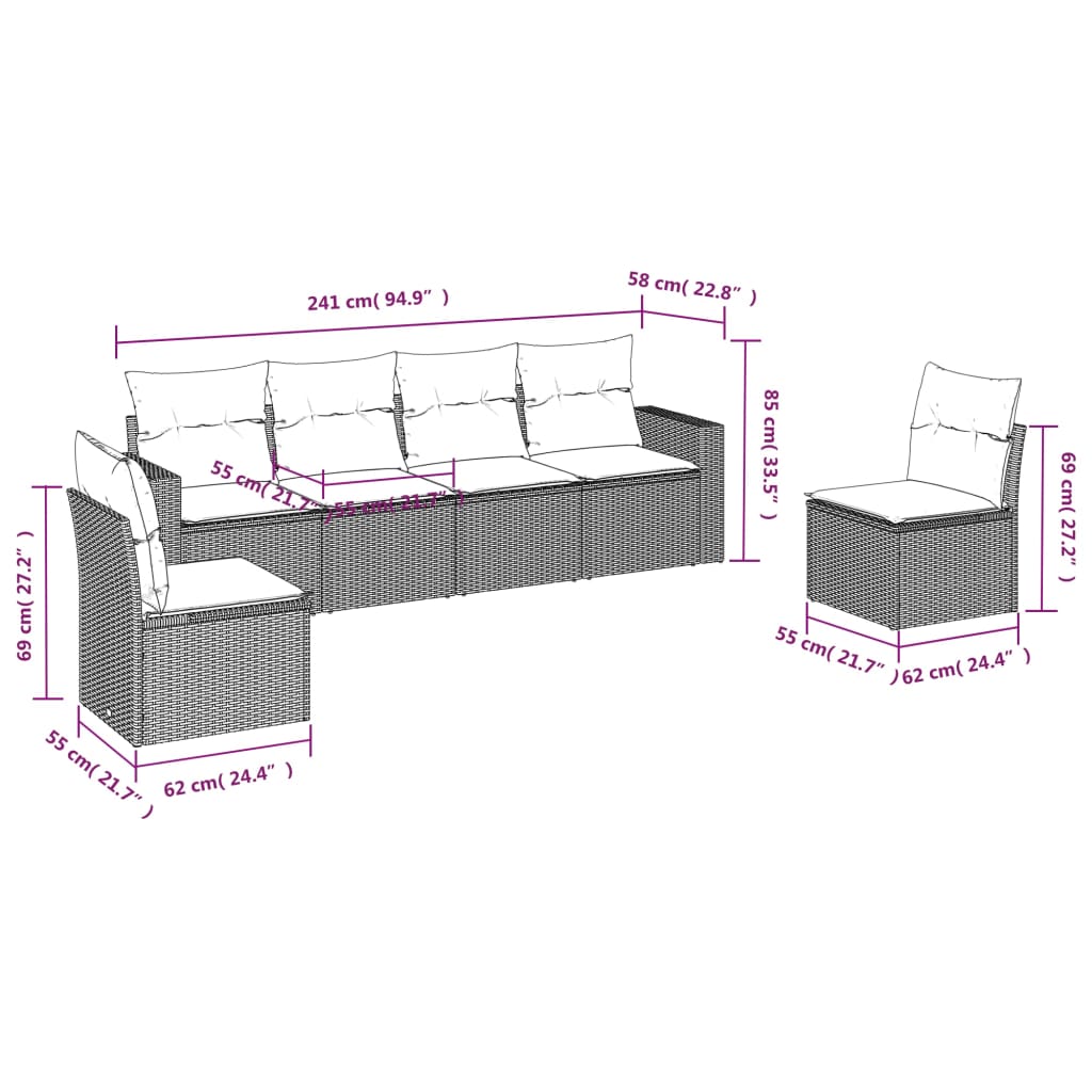 Muebles de jardín de 6 PC con cojines de resina trenzada negra