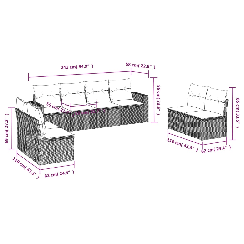 Muebles de jardín de 8 PC con cojines de resina marrón trenzado