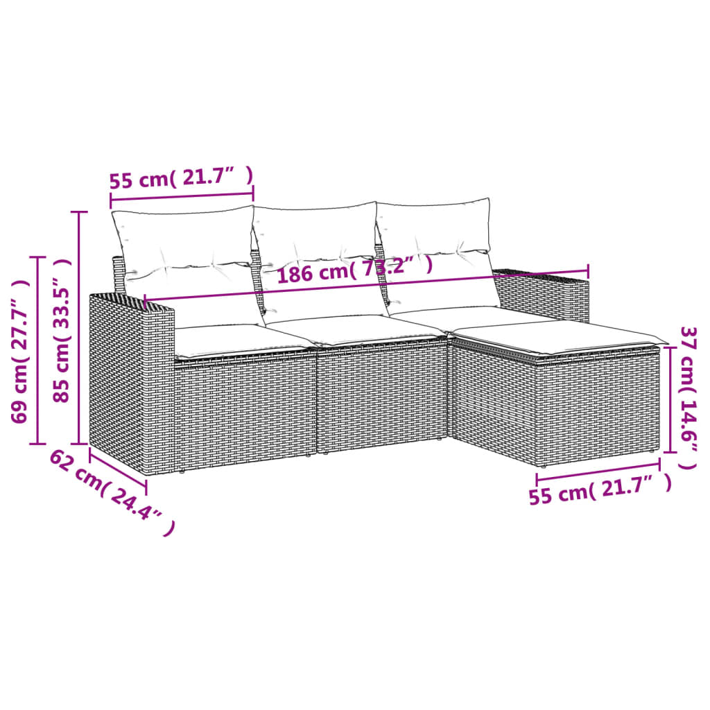 Muebles de jardín de 4 pcs con cojines de resina trenzados negros